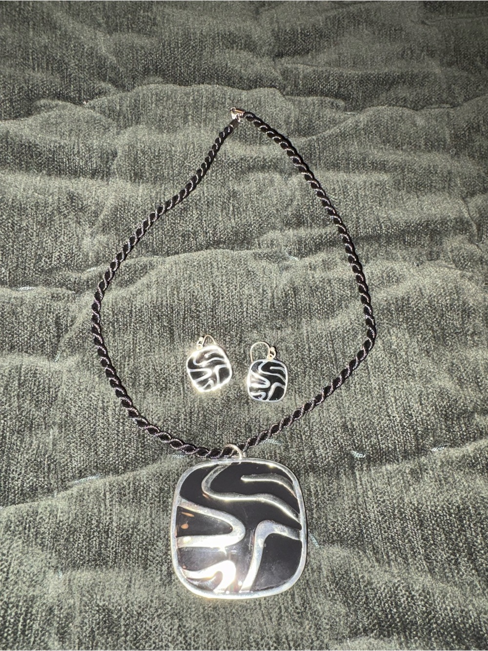 Black and Silver Abstract Pendant Necklace with Matching Earrings